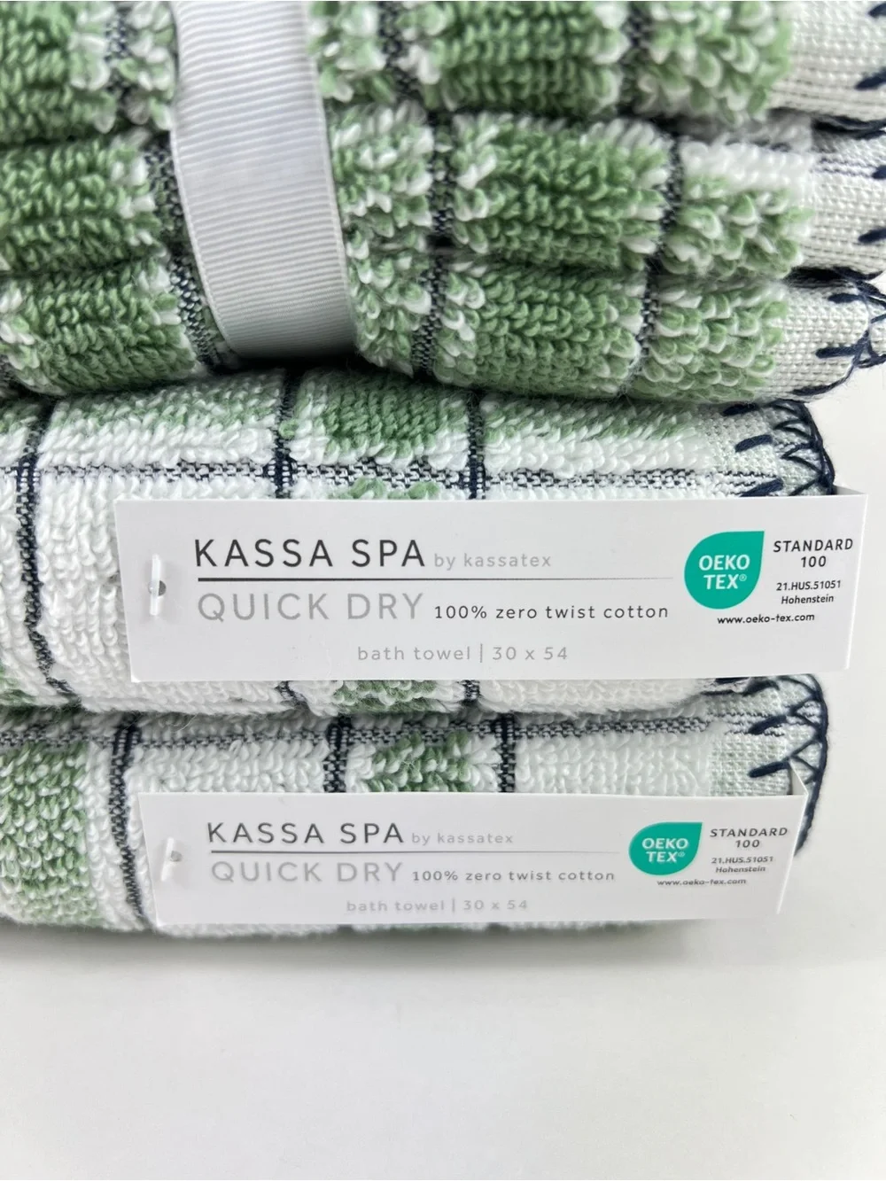 Kassa Spa Kassatex Bath Towel Set Green White Black Stripe Soft Cotton 8 Pc NEW